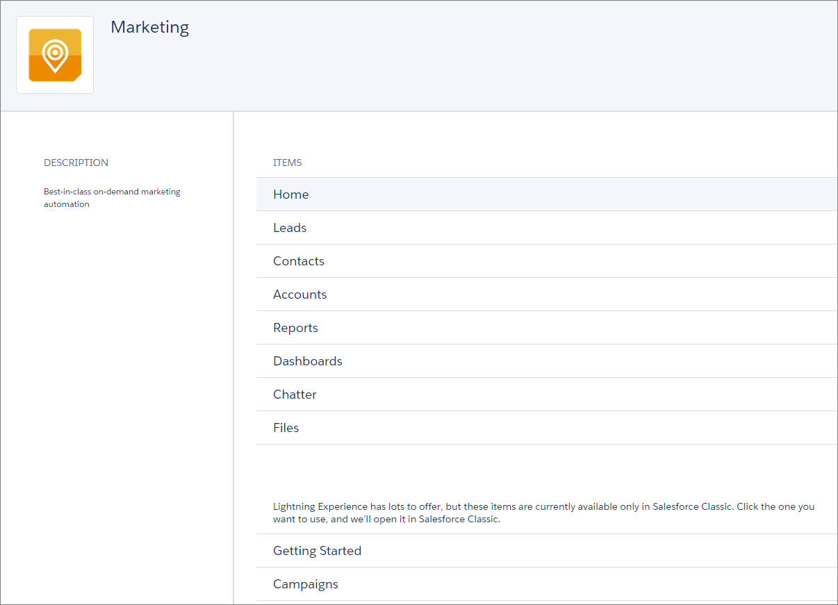 Marketing App Setup Menu